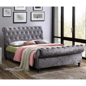 Castello Fabric Double Bed In Steel Crushed Velvet