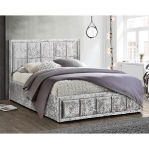 Hannover Ottoman Fabric Double Bed In Steel Crushed Velvet