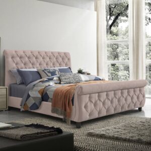 Morvey Velvet Fabric Double Bed In Blush Pink