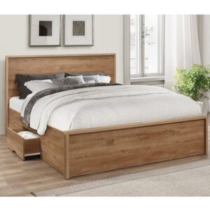 Stock Wooden Small Double Bed With 2 Drawers In Rustic Oak