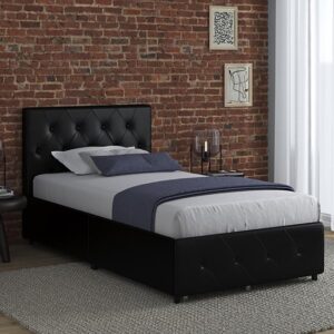 Dakotas Faux Leather Single Bed With Drawers In Black