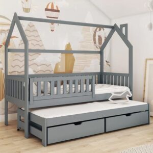 Minsk Trundle Wooden Single Bed In Graphite With Foam Mattress