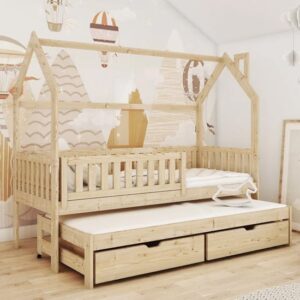 Minsk Trundle Wooden Single Bed In Pine With Foam Mattress