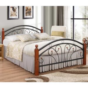 Natick Metal King Size Bed With Wooden Pillar In Dirty Oak
